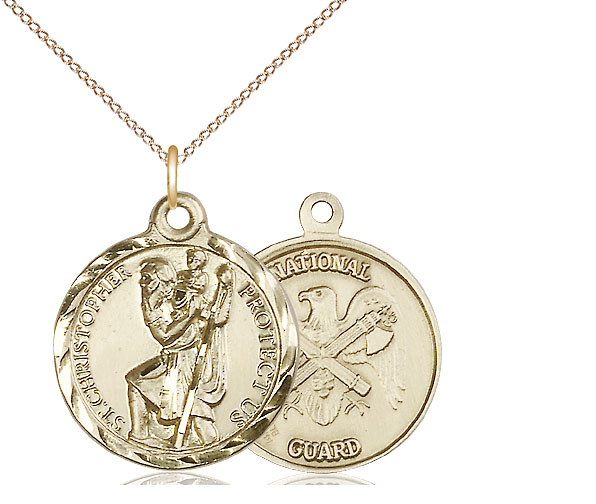 14kt Gold Filled Saint Christopher National Guard Pendant on a 18 inch Gold Filled Light Curb chain