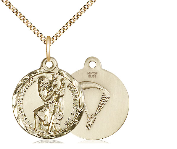 14kt Gold Filled Saint Christopher Paratrooper Pendant on a 18 inch Gold Plate Light Curb chain