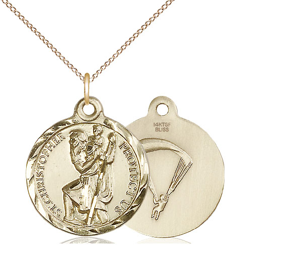 14kt Gold Filled Saint Christopher Paratrooper Pendant on a 18 inch Gold Filled Light Curb chain