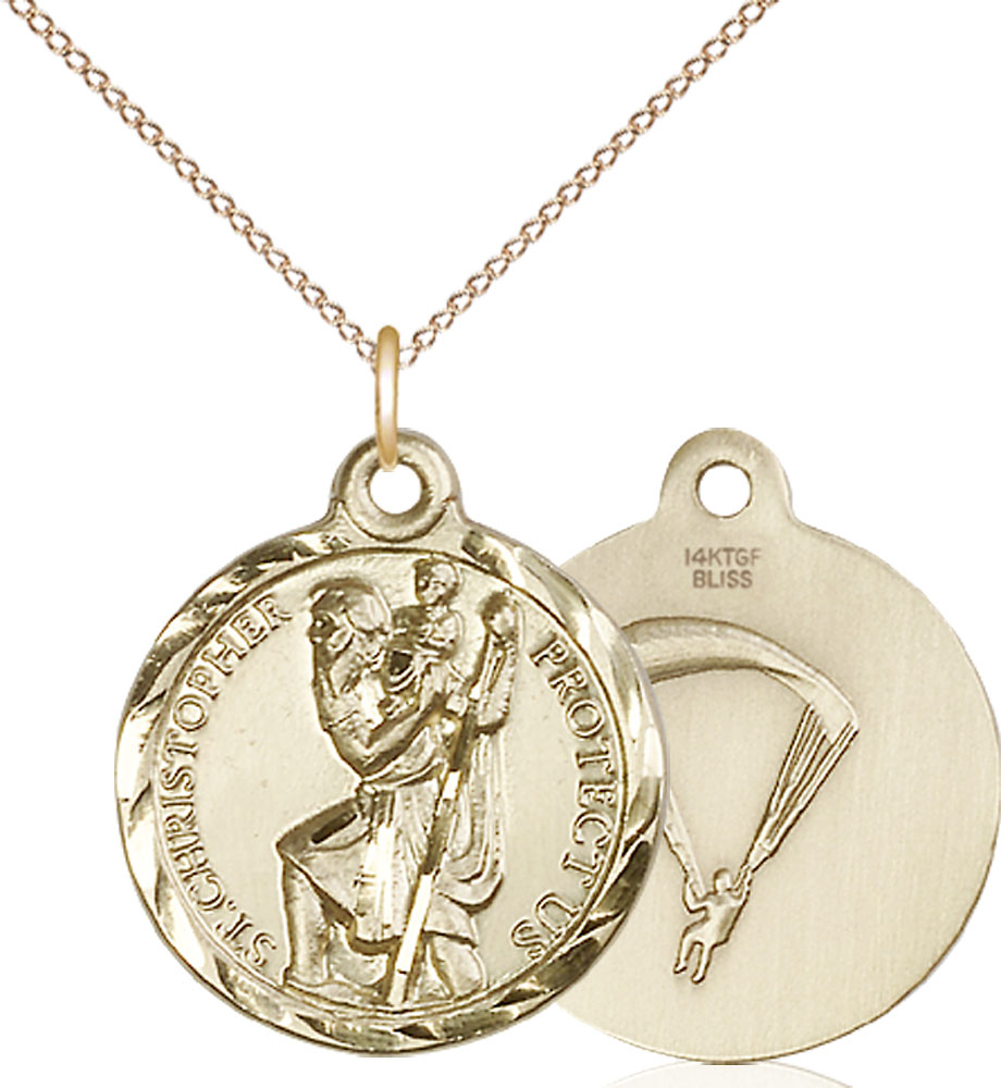 14kt Gold Filled Saint Christopher Paratrooper Pendant on a 18 inch Gold Filled Light Curb chain