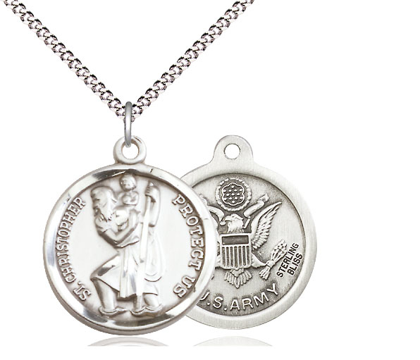 Sterling Silver Saint Christopher Army Pendant on a 18 inch Light Rhodium Light Curb chain