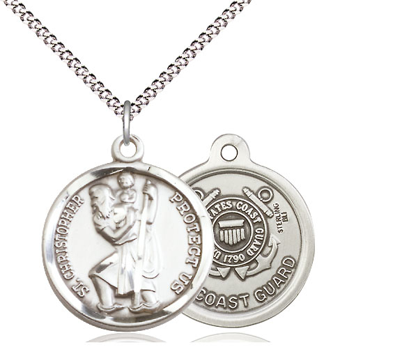 Sterling Silver Saint Christopher Coast Guard Pendant on a 18 inch Light Rhodium Light Curb chain