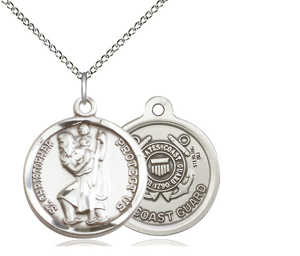 Sterling Silver Saint Christopher Coast Guard Pendant on a 18 inch Sterling Silver Light Curb chain