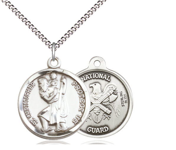 Sterling Silver Saint Christopher National Guard Pendant on a 18 inch Light Rhodium Light Curb chain