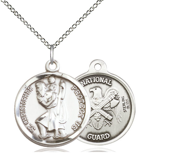 Sterling Silver Saint Christopher National Guard Pendant on a 18 inch Sterling Silver Light Curb chain