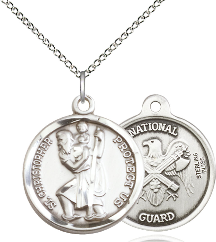 Sterling Silver Saint Christopher National Guard Pendant on a 18 inch Sterling Silver Light Curb chain