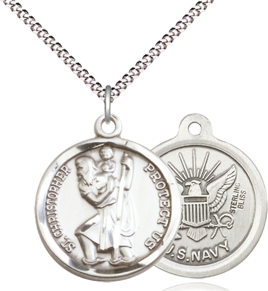 Sterling Silver Saint Christopher Navy Pendant on a 18 inch Light Rhodium Light Curb chain