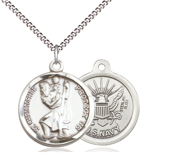 Sterling Silver Saint Christopher Navy Pendant on a 18 inch Light Rhodium Light Curb chain