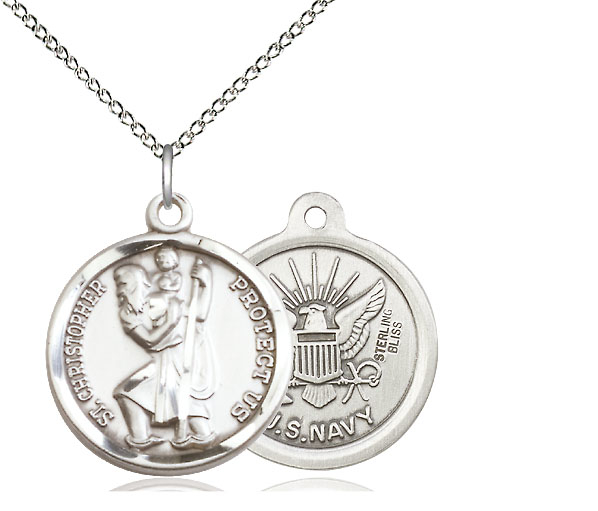 Sterling Silver Saint Christopher Navy Pendant on a 18 inch Sterling Silver Light Curb chain