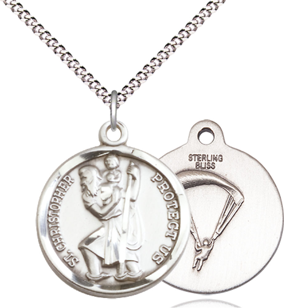 Sterling Silver Saint Christopher Paratrooper Pendant on a 18 inch Light Rhodium Light Curb chain