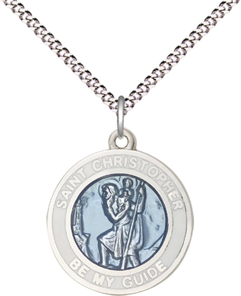 Sterling Silver Saint Christopher Pendant on a 18 inch Light Rhodium Light Curb chain