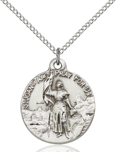 Sterling Silver Saint Joan of Arc Pendant on a 18 inch Light Rhodium Light Curb chain