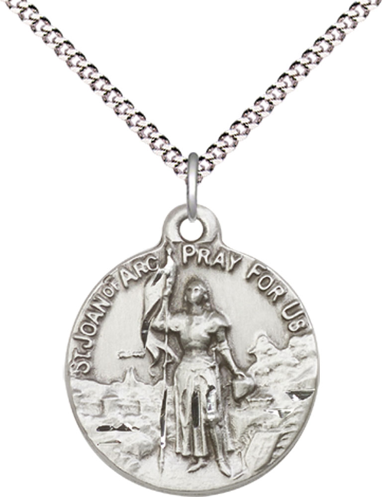 Sterling Silver Saint Joan of Arc Pendant on a 18 inch Light Rhodium Light Curb chain
