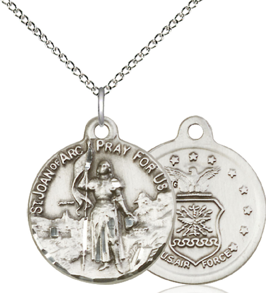 Sterling Silver Saint Joan of Arc Air Force Pendant on a 18 inch Sterling Silver Light Curb chain