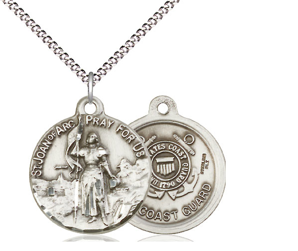 Sterling Silver Saint Joan of Arc Coast Guard Pendant on a 18 inch Light Rhodium Light Curb chain