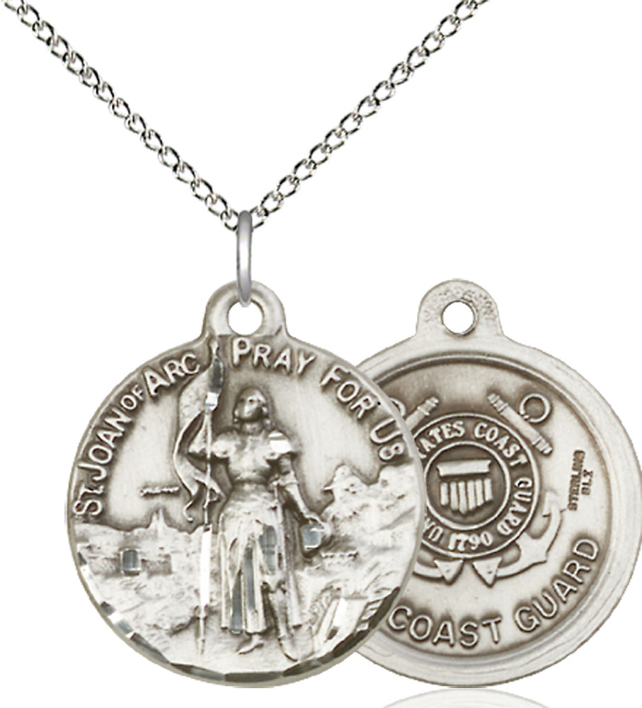 Sterling Silver Saint Joan of Arc Coast Guard Pendant on a 18 inch Sterling Silver Light Curb chain