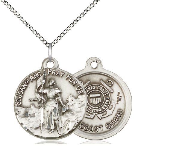 Sterling Silver Saint Joan of Arc Coast Guard Pendant on a 18 inch Sterling Silver Light Curb chain