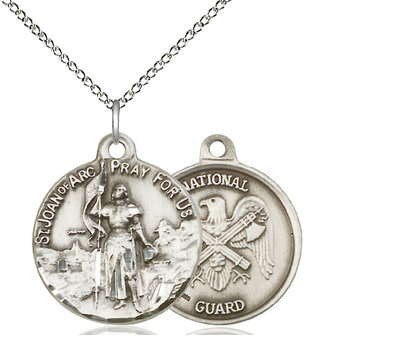 Sterling Silver Saint Joan of Arc National Guard Pendant on a 18 inch Sterling Silver Light Curb chain