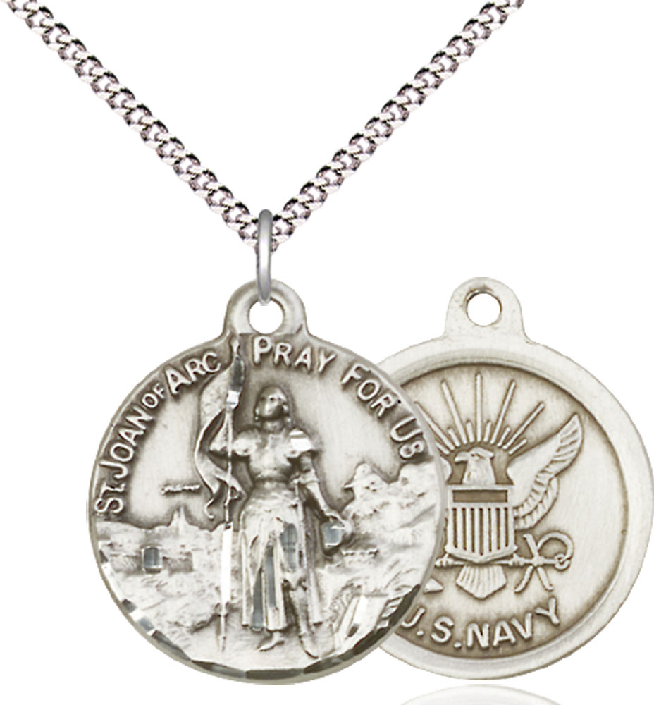 Sterling Silver Saint Joan of Arc Navy Pendant on a 18 inch Light Rhodium Light Curb chain