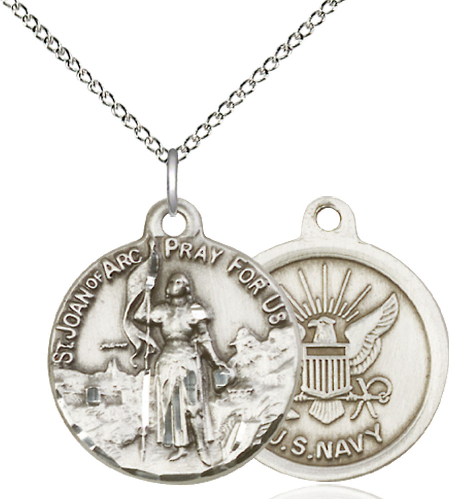 Sterling Silver Saint Joan of Arc Navy Pendant on a 18 inch Sterling Silver Light Curb chain