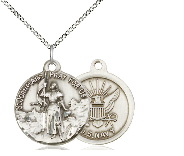 Sterling Silver Saint Joan of Arc Navy Pendant on a 18 inch Sterling Silver Light Curb chain