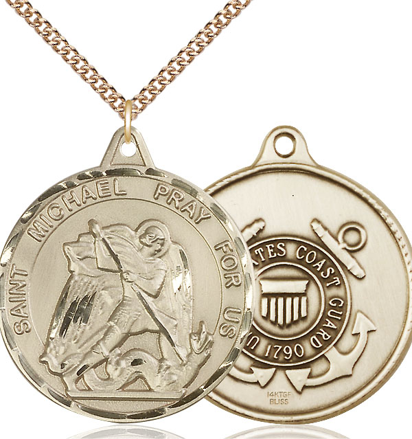 14kt Gold Filled Saint Michael Coast Guard Pendant on a 24 inch Gold Filled Heavy Curb chain