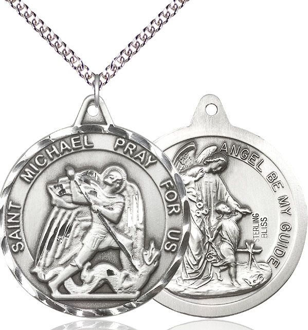 Sterling Silver Saint Michael Guardian Angel Pendant on a 24 inch Sterling Silver Heavy Curb chain