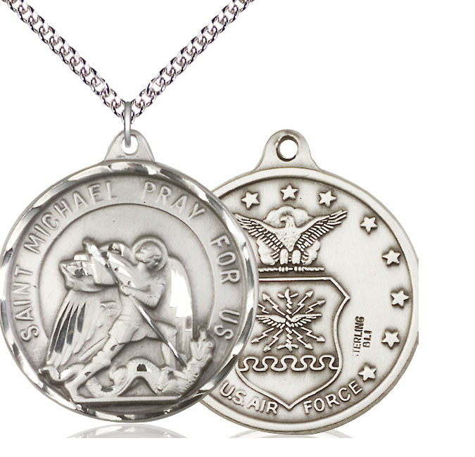 Sterling Silver Saint Michael Air Force Pendant on a 24 inch Sterling Silver Heavy Curb chain
