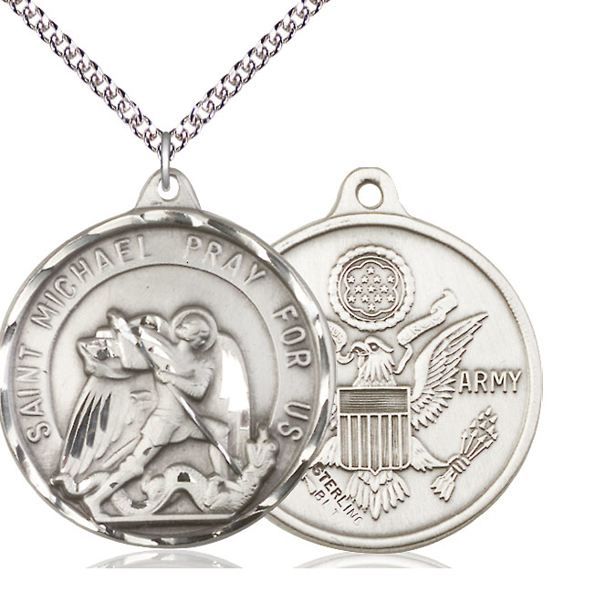 Sterling Silver Saint Michael Army Pendant on a 24 inch Sterling Silver Heavy Curb chain