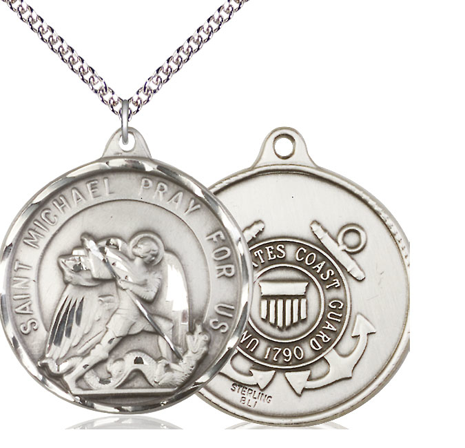 Sterling Silver Saint Michael Coast Guard Pendant on a 24 inch Sterling Silver Heavy Curb chain