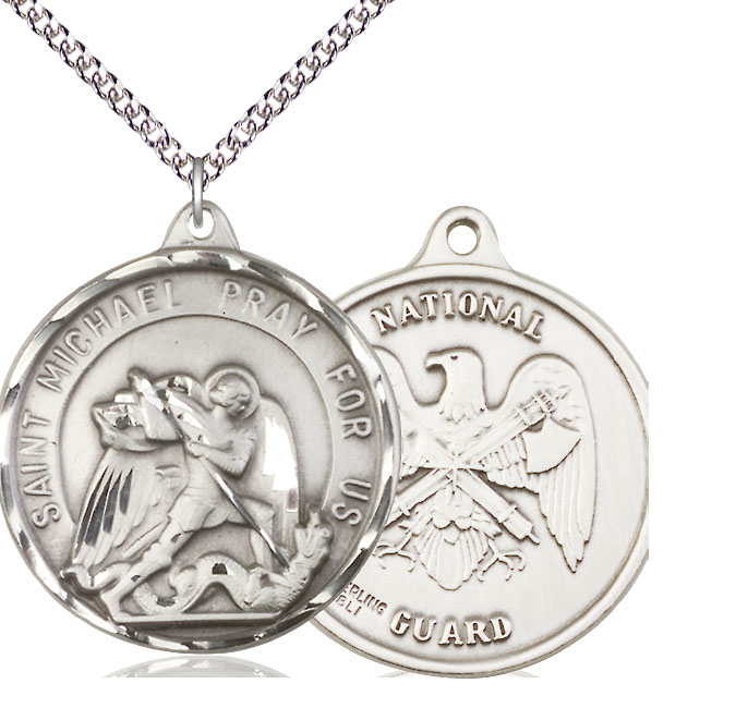 Sterling Silver Saint Michael National Guard Pendant on a 24 inch Sterling Silver Heavy Curb chain