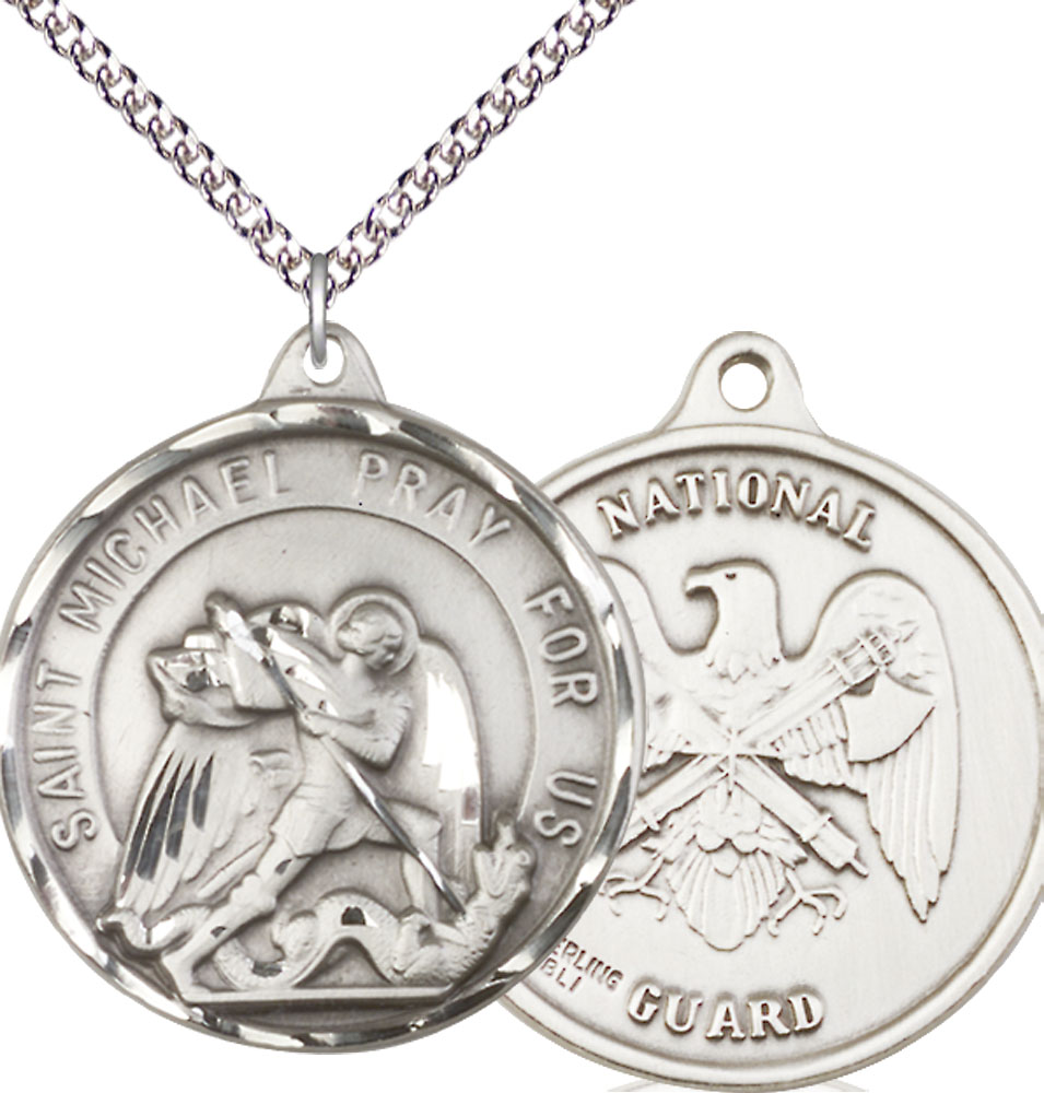 Sterling Silver Saint Michael National Guard Pendant on a 24 inch Sterling Silver Heavy Curb chain