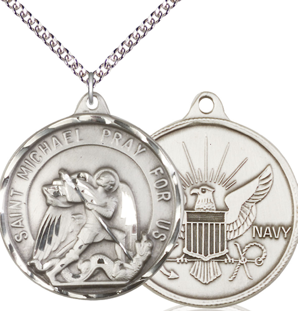 Sterling Silver Saint Michael Navy Pendant on a 24 inch Sterling Silver Heavy Curb chain
