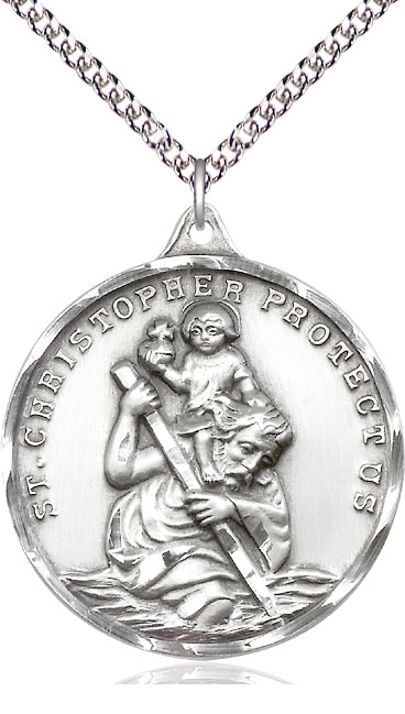 Sterling Silver Saint Christopher Pendant on a 24 inch Sterling Silver Heavy Curb chain