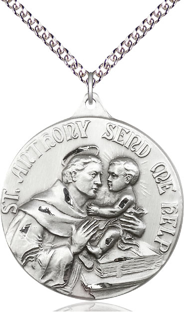 Sterling Silver Saint Anthony Pendant on a 24 inch Sterling Silver Heavy Curb chain