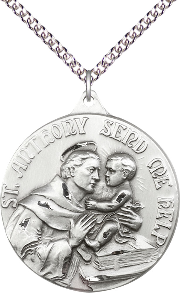 Sterling Silver Saint Anthony Pendant on a 24 inch Sterling Silver Heavy Curb chain