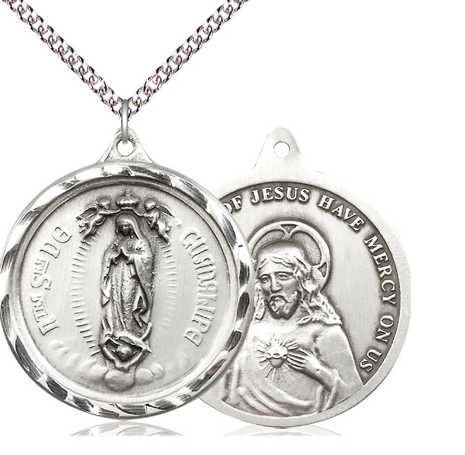 Sterling Silver Our Lady of Guadalupe Pendant on a 24 inch Sterling Silver Heavy Curb chain