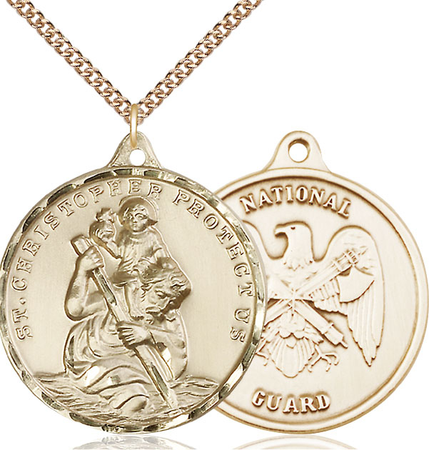 14kt Gold Filled Saint Christopher National Guard Pendant on a 24 inch Gold Filled Heavy Curb chain