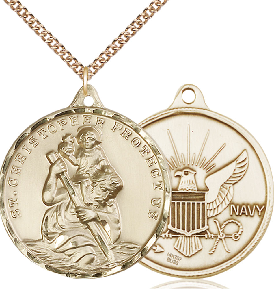 14kt Gold Filled Saint Christopher Navy Pendant on a 24 inch Gold Filled Heavy Curb chain