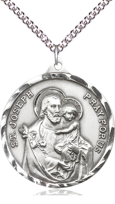 Sterling Silver Saint Joseph Pendant on a 24 inch Sterling Silver Heavy Curb chain