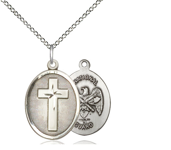 Sterling Silver Cross National Guard Pendant on a 18 inch Sterling Silver Light Curb chain