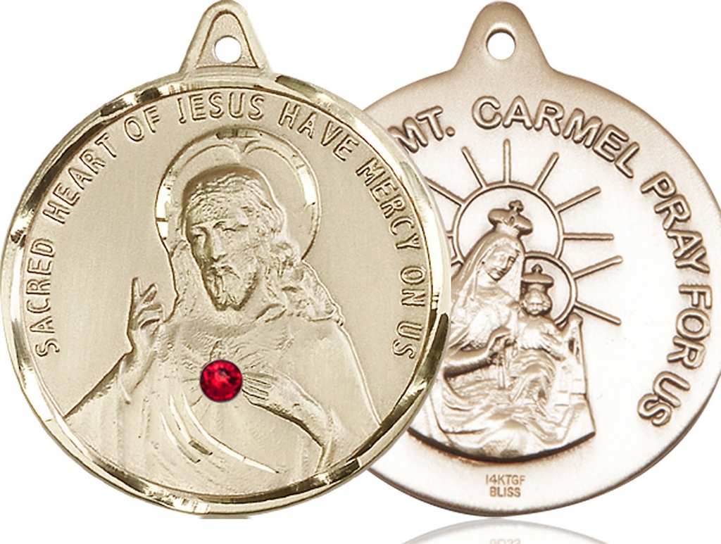 14kt Gold Filled Scapular w/ Ruby Stone Medal with a 3mm Ruby Swarovski stone