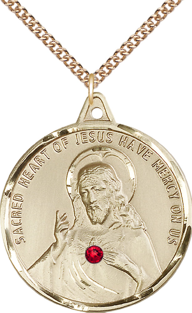 14kt Gold Filled Scapular w/ Ruby Stone Pendant with a 3mm Ruby Swarovski stone on a 24 inch Gold Filled Heavy Curb chain