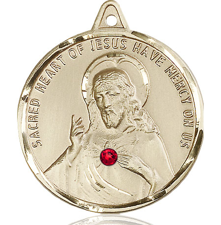 14kt Gold Scapular w/ Ruby Stone Medal with a 3mm Ruby Swarovski stone
