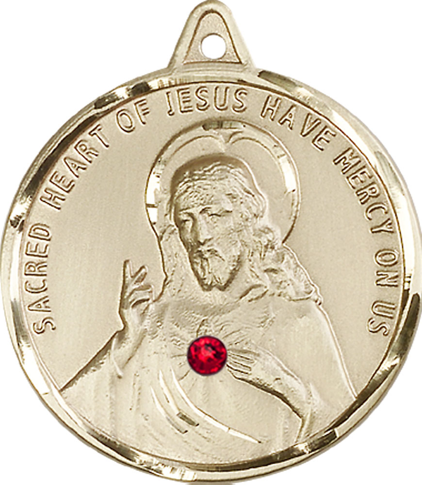 14kt Gold Scapular w/ Ruby Stone Medal with a 3mm Ruby Swarovski stone