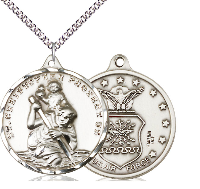 Sterling Silver Saint Christopher Air Force Pendant on a 24 inch Sterling Silver Heavy Curb chain