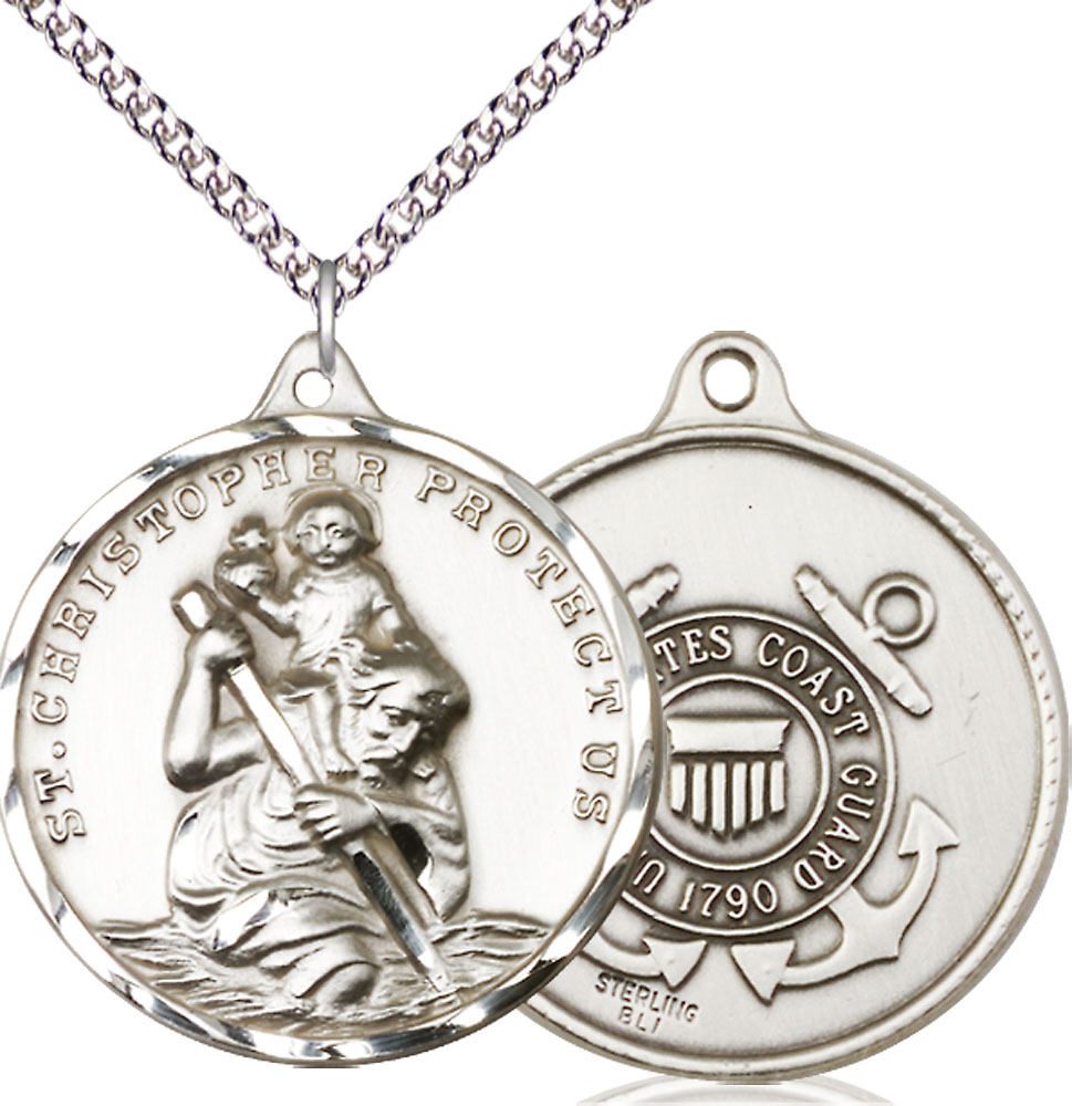 Sterling Silver Saint Christopher Coast Guard Pendant on a 24 inch Sterling Silver Heavy Curb chain
