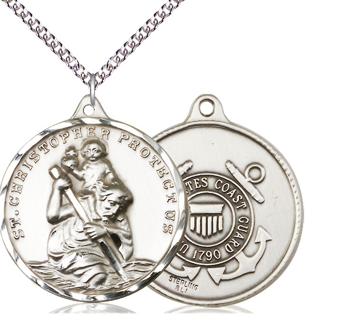 Sterling Silver Saint Christopher Coast Guard Pendant on a 24 inch Sterling Silver Heavy Curb chain