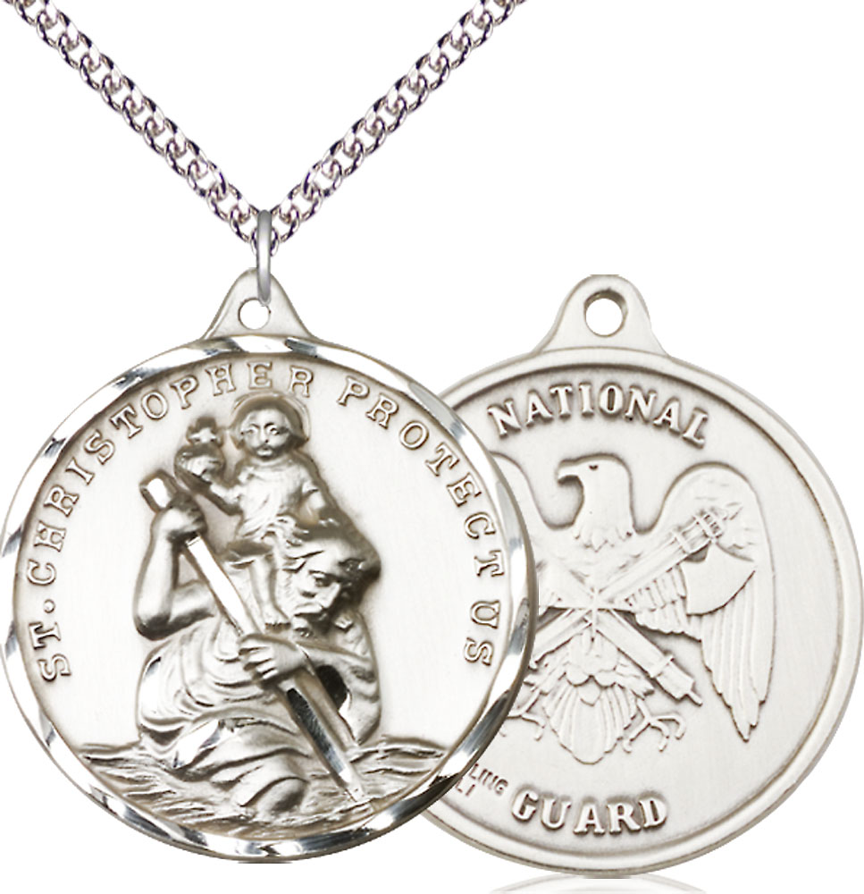 Sterling Silver Saint Christopher National Guard Pendant on a 24 inch Sterling Silver Heavy Curb chain