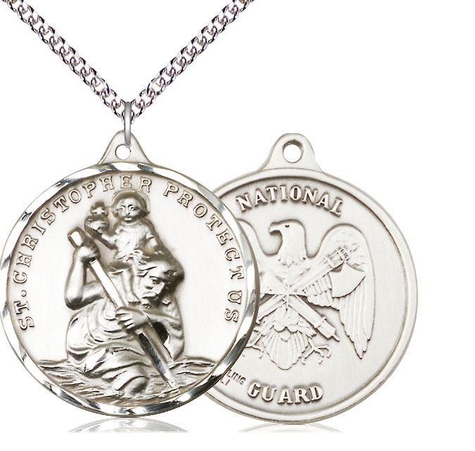 Sterling Silver Saint Christopher National Guard Pendant on a 24 inch Sterling Silver Heavy Curb chain